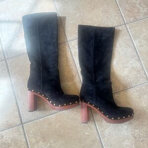 Veronica Beard Glendale Black Suede Knee-High Studded Platform Boots